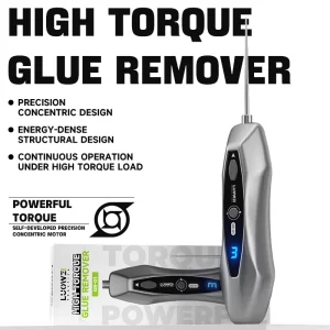 LUOWEI High Torque Glue Remover GR-01 professional mobile repair tool with adjustable 800–1100 RPM speed, 1800mAh rechargeable battery, Type-C charging, LED display, and precision tip for removing OCA glue, hard adhesive, and factory-applied glue from electronic devices.