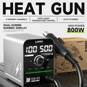 LUOWEI LW-HG01 professional 800W heat gun hot air rework station with dual digital display, adjustable temperature from 80°C to 800°C, variable airflow control, brushless fan technology, and automatic sleep mode for mobile phone, PCB, and electronics repair.
