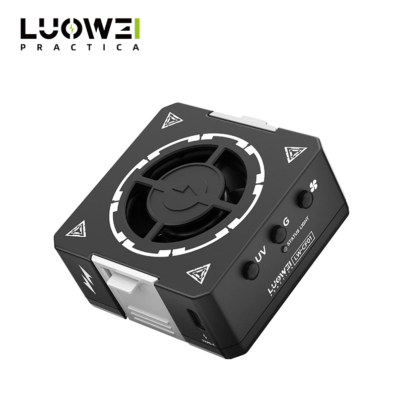 LUOWEI CF01 cooling exhaust fan with 15,000 RPM brushless motor, activated carbon smoke filter, adjustable mounting bracket, and powerful airflow system designed for mobile phone repair, PCB soldering, micro-soldering, UV curing, and electronics workstation ventilation.