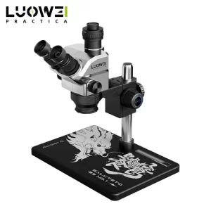 LUOWEI Geek Future LW-TR03-B3TV 7X–68X trinocular stereo microscope with WF10X/24 wide-angle eyepieces, HD optical objective lens, 0.5X CTV adapter, and precision focus for mobile phone motherboard repair and PCB inspection.