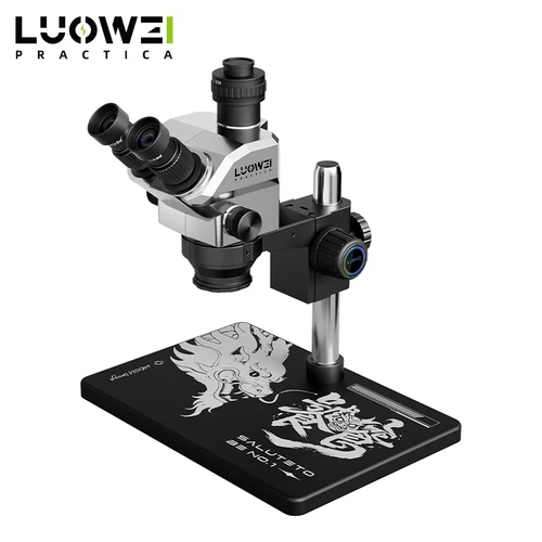 LUOWEI Geek Future LW-TR03-B3TV 7X–68X trinocular stereo microscope with WF10X/24 wide-angle eyepieces, HD optical objective lens, 0.5X CTV adapter, and precision focus for mobile phone motherboard repair and PCB inspection.