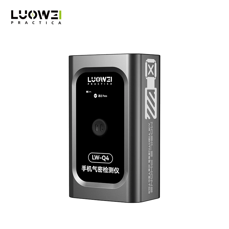 LUOWEI LW-Q4 mobile phone air tightness tester with OLED display, Type-C charging, and clamp-free waterproof leak detection for Android, iPhone, and smartphone repair.