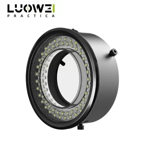 LUOWEI LW-LS02 polarized LED microscope ring light with 64 LED beads, dual polarized optical lens, adjustable brightness, USB power, and anti-glare lighting for PCB inspection and mobile phone repair.