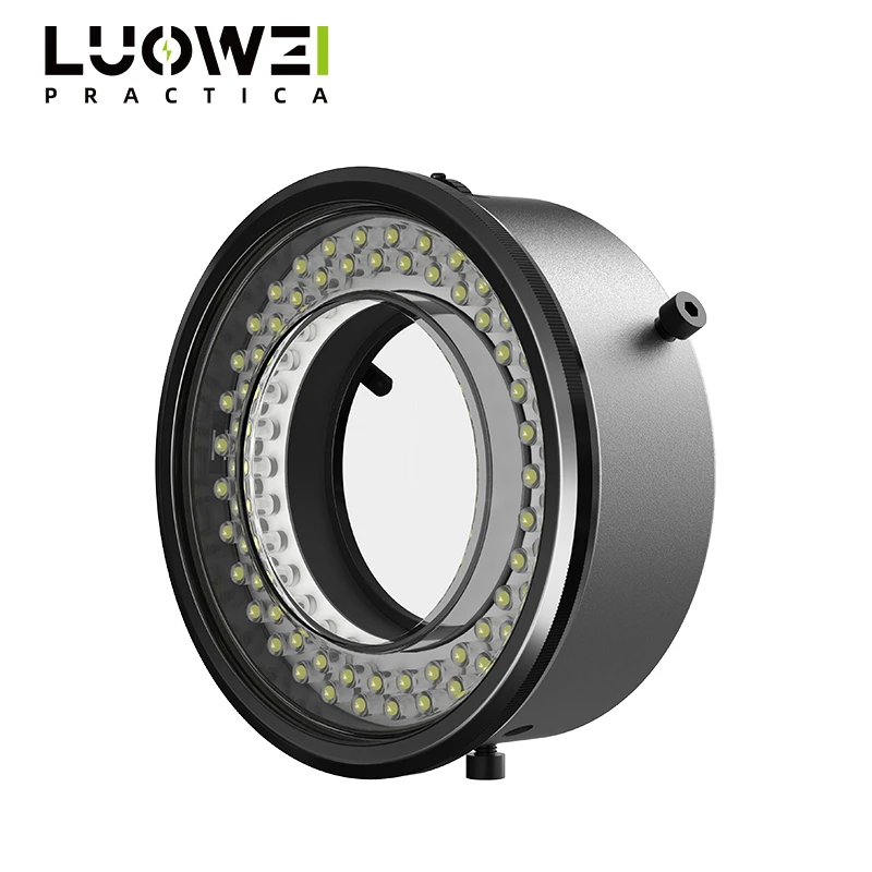 LUOWEI LW-LS02 polarized LED microscope ring light with 64 LED beads, dual polarized optical lens, adjustable brightness, USB power, and anti-glare lighting for PCB inspection and mobile phone repair.