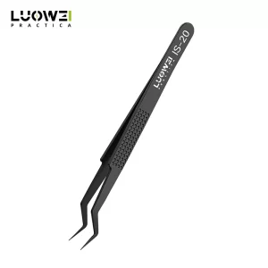 LUOWEI IS-20 Chip Tin Planting Tweezers made from stainless steel with precision angled tips and anti-slip grip, designed for chip placement, PCB repair, micro-soldering, integrated circuit handling, mobile phone repair, and precision electronics work.
