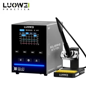 LUOWEI SS01 intelligent 200W soldering station with 1-second rapid heating, PID temperature control, curve display monitoring, automatic soldering tip aging detection, smart sleep function stand, and ±1°C temperature accuracy for mobile phone repair, PCB rework, and micro-soldering applications.