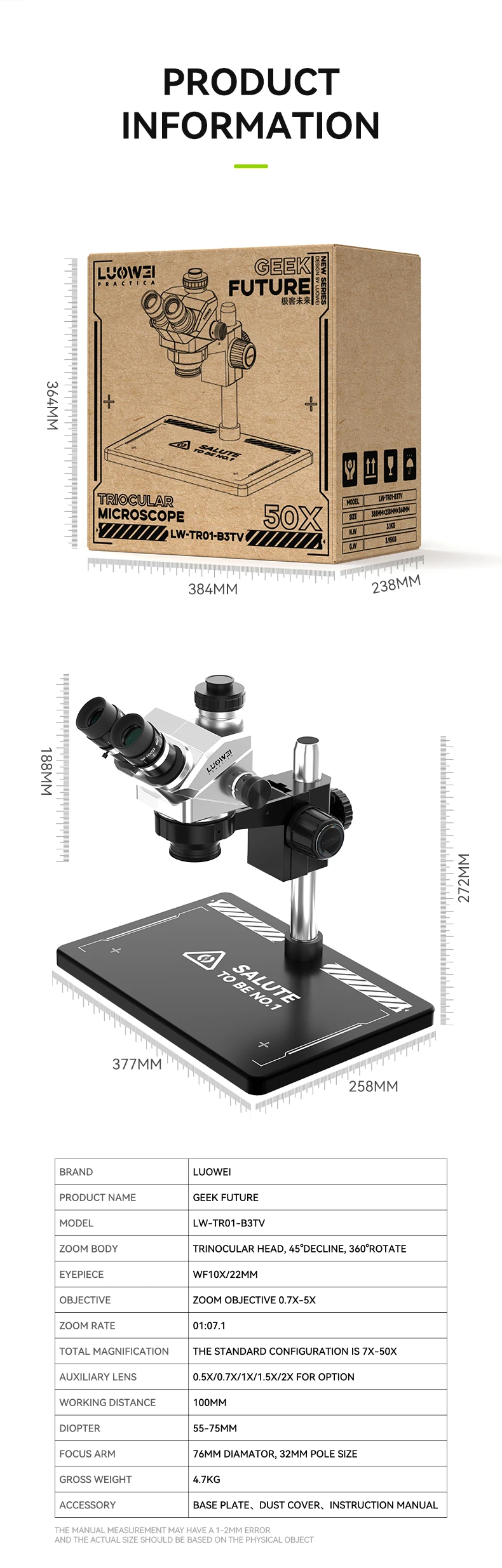 LUOWEI Geek Future LW-TR01-B3TV Trinocular Stereo Microscope | 7X–50X HD Microscope for Mobile Phone Repair - Image 7