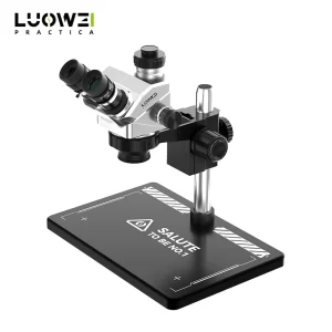 LUOWEI Geek Future LW-TR01-B3TV 7X–50X trinocular stereo microscope with HD optical lenses, CTV camera adapter, wide-angle eyepieces, and precision focus for mobile phone motherboard repair and PCB inspection.