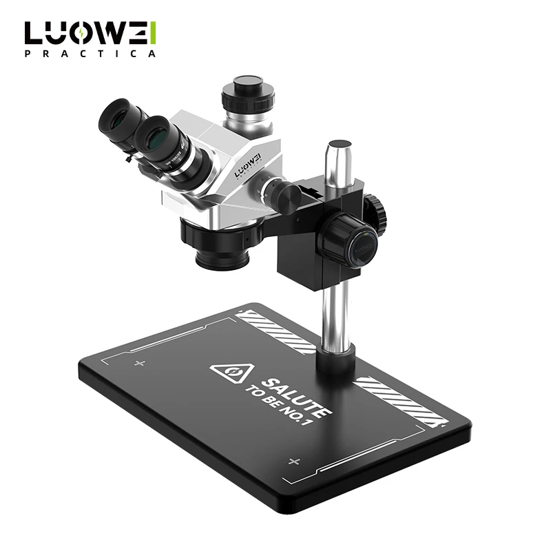 LUOWEI Geek Future LW-TR01-B3TV 7X–50X trinocular stereo microscope with HD optical lenses, CTV camera adapter, wide-angle eyepieces, and precision focus for mobile phone motherboard repair and PCB inspection.