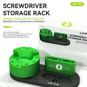 LUOWEI LW-316 Screwdriver Storage Rack with magnetic screw tray, 360° rotating base, 9-hole screwdriver holder, and aluminum alloy construction for mobile phone repair technicians and electronics workstations.