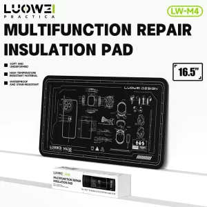 LUOWEI LW-M4 multifunction repair insulation pad made from high-quality silicone, featuring heat resistance up to 500°C, waterproof and stain-resistant surface, flexible anti-deformation design, and a 16.5-inch work area for mobile phone repair, soldering, PCB maintenance, and electronics servicing.