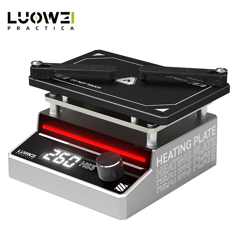 LUOWEI HS3 preheat platform with 99W PD fast heating technology, digital temperature display, adjustable control knob, and 65×100mm heating surface, designed for motherboard repair, chip-level maintenance, PCB rework, tinning, degluing, and laminating applications.