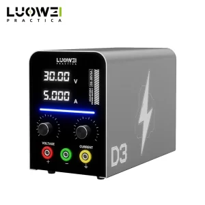 LUOWEI LW-D3-30V5A Adjustable DC Power Supply with 30V 5A digital display, bench power supply for mobile phone motherboard repair, PCB testing, electronics repair, and short circuit detection.