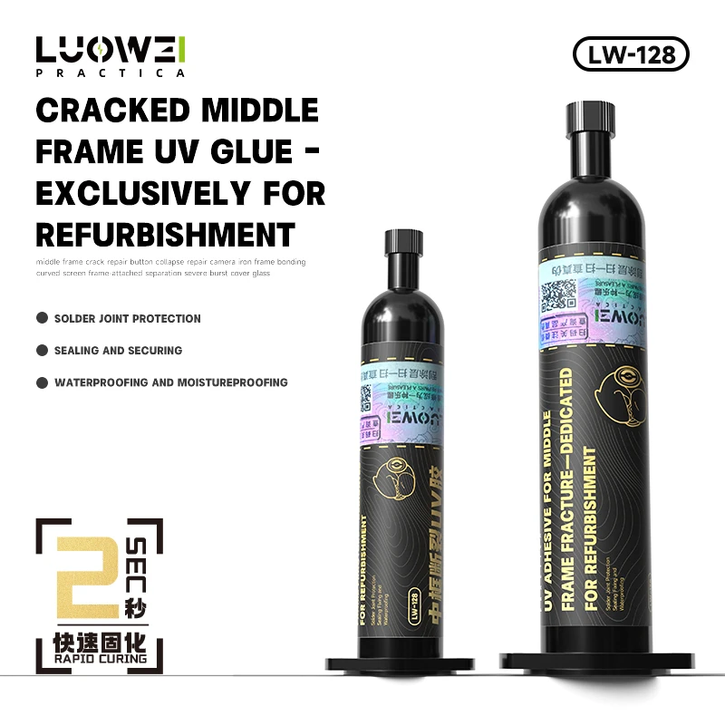 LUOWEI LW-128 UV Glue 30ML mobile phone refurbishment adhesive for cracked middle frame repair, antenna crack restoration, waterproof sealing, structural bonding, and smartphone repair applications.