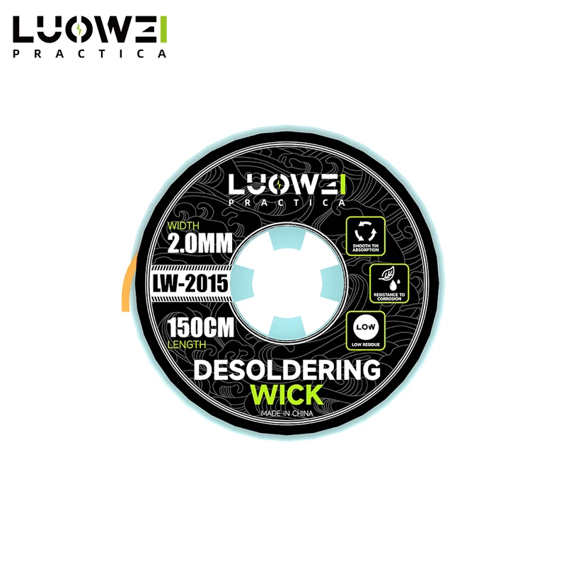 LUOWEI LW-2015 Desoldering Wick 2.0mm x 150cm solder removal braid for mobile phone repair, PCB rework, electronics maintenance, solder absorption, and precision desoldering applications.