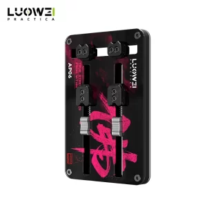 LUOWEI AP06 tempered insulating glass two-axis repair fixture with dual-axis clamping system, V-groove positioning, and trapezoidal locking mechanism, designed for securing smartphone motherboards, CPUs, ICs, and circuit boards during chip-level repair, soldering, reballing, and glue removal.
