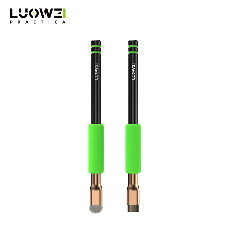 LUOWEI LW-BR01 IC Solder Pad Cleaning Brush Set with replaceable fine steel wire and soft bristle brush for PCB motherboard, IC chip, solder pad, flux, and adhesive cleaning.