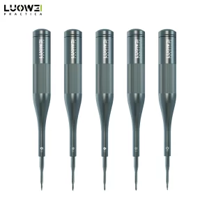 LUOWEI Little Boy precision screwdriver series displaying five professional screwdriver models including T2, 0.8, 1.2, Y0.7, and 2.5 tips, featuring high-temperature quenched S2 hardened steel bits for mobile phone and electronics repair applications.