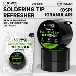 LUOWEI LW-ST01 Soldering Tip Refresher with granular cleaning compound for removing oxidation, rust, and dirt from soldering iron tips, restoring soldering performance, improving tinning ability, and extending tip lifespan for electronics and mobile phone repair work.