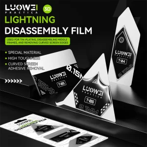 LUOWEI 3D Lightning Disassembly Film set featuring T-04, T-05, and T-06 ultra-thin screen separation tools designed for smartphone screen removal, curved display disassembly, frame separation, adhesive cleaning, and professional mobile phone repair applications.