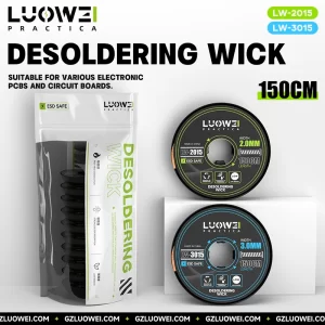 LUOWEI LW-3015 Desoldering Wick 3.0mm x 150cm made from high-purity copper for professional solder removal. Low-residue solder wick designed for PCB repair, mobile phone motherboard servicing, IC replacement, electronics rework, and precision desoldering applications. Suitable for technicians and repair professionals.