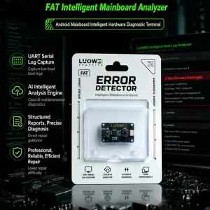 LUOWEI FAT Error Detector intelligent motherboard analyzer for Android mobile repair featuring UART serial log capture, AI cloud analysis, fault diagnosis, and professional motherboard troubleshooting capabilities.