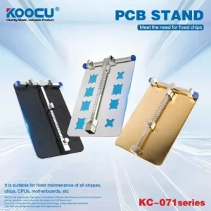 KOOCU 071A and 071B stainless steel PCB repair fixtures with adjustable motherboard clamp and IC chip degumming groove for professional mobile phone motherboard repair.
