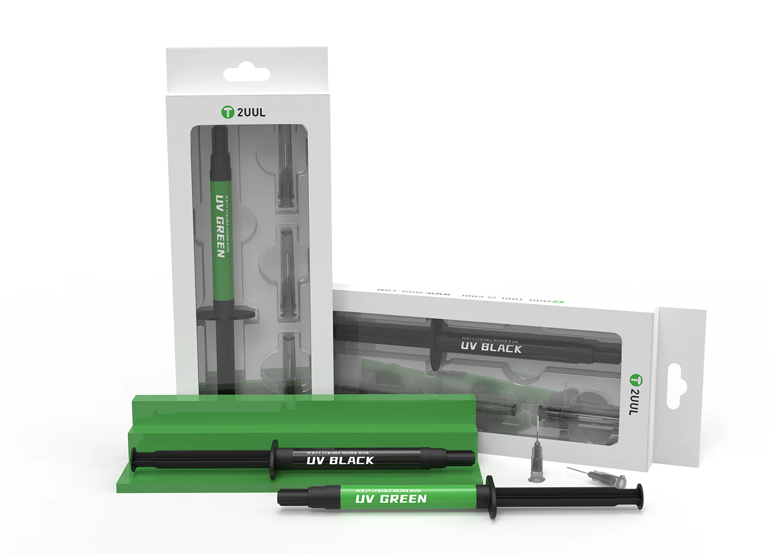 2UUL SC53 PCB UV Curable Solder Mask Kit β Green & Black UV Solder Mask with 3 Ultra-Fine Needles
