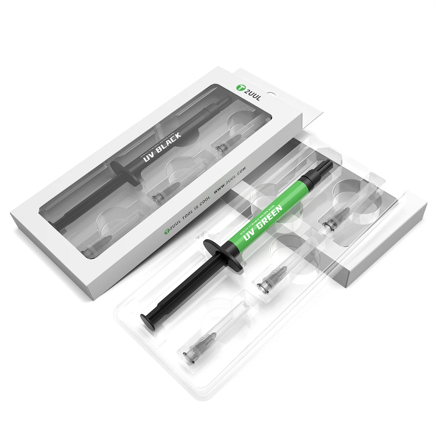 2UUL SC53 PCB UV Curable Solder Mask Kit β Green & Black UV Solder Mask with 3 Ultra-Fine Needles - Image 3
