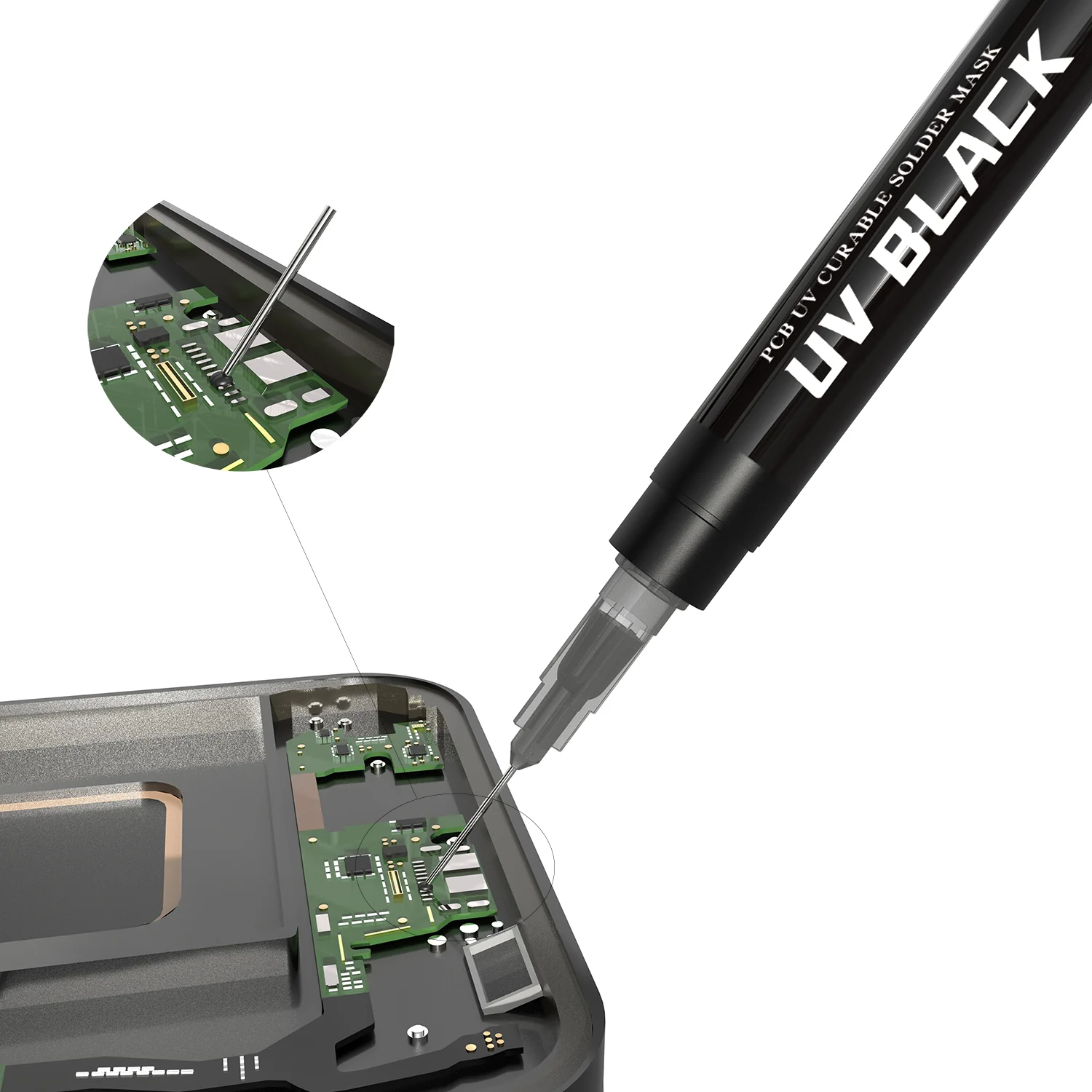 2UUL SC53 PCB UV Curable Solder Mask Kit β Green & Black UV Solder Mask with 3 Ultra-Fine Needles - Image 5