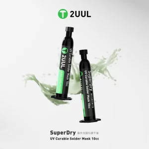 2UUL SC55 SuperDry UV Curable Solder Mask 10CC syringe for PCB motherboard repair, protecting exposed copper traces and solder joints with fast UV curing.