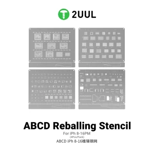 2UUL BG01 ABCD Reballing Stencil Kit for iPhone 8-16 Pro Max featuring four precision stainless steel BGA reballing stencils for CPU, NAND Flash, Baseband IC, WiFi IC, RF IC, Face ID, Camera Module, Charging IC, and motherboard repair.