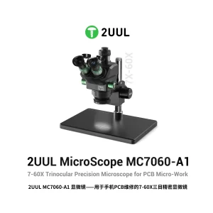 2UUL MC7060-A1 7X-60X trinocular stereo microscope with adjustable LED light and wide-field eyepieces for PCB inspection, micro soldering, and mobile phone motherboard repair.