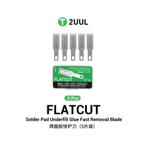 2UUL DA28 FlatCut Solder Pad Underfill Glue Fast Removal Blades (5 PCS/Box) with precision angled stainless steel blades for removing CPU underfill adhesive, solder pad glue, and motherboard underfill during professional mobile phone repair.