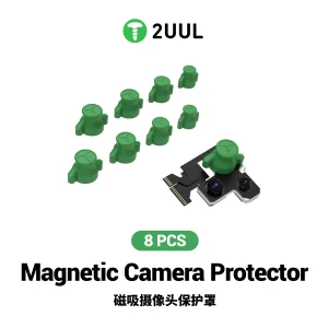 2UUL DA35 Magnetic Camera Protector set with 8 reusable magnetic lens protectors in four sizes (Ø9mm, Ø11mm, Ø12mm, Ø13mm) for protecting smartphone camera modules during mobile phone repair and refurbishment.