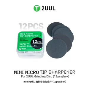 2UUL DA790 Mini Micro Tip Sharpener replacement grinding disc set containing 12 abrasive discs in 400, 800, 1000, and 3000 grit for sharpening tweezers, blades, and precision mobile repair tools.