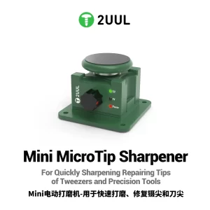 2UUL DA79 Mini MicroTip Sharpener – Compact electric sharpener designed for restoring tweezers, precision blades, and microsoldering tool tips. Features adjustable speed control, replaceable grinding pads (400/800/1000/3000 grit), USB Type-C power input, 5V/9V LED indicators, and a stable screw-mount base. Ideal for professional mobile phone, PCB, and electronics repair technicians.