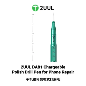 2UUL DA81 Rechargeable Polish Drill Pen for mobile phone repair featuring a cordless rechargeable design, USB Type-C charging, forward/reverse rotation, 3-speed control, and interchangeable grinding tips for IC chip grinding, motherboard repair, solder point polishing, and precision electronics maintenance.