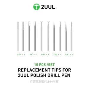 2UUL DA82 Replacement Tips (10PCS/Set) for the 2UUL DA81 Rechargeable Polish Drill Pen, featuring 10 precision grinding heads with a 2.35mm shank diameter. Includes five tip types (2.5A, 1.5K, 4.0K, 0.8A, and 2.0D) for phone frame repair, stripped screw polishing, IC and metal shield cutting, solder pad cleaning, motherboard repair, and precision electronics maintenance. Ideal for professional mobile phone repair and microsoldering technicians.