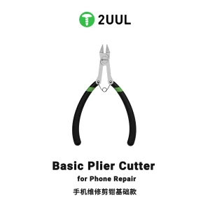 2UUL DA83 Basic Plier Cutter for phone repair with precision cutting jaws, ergonomic black and green anti-slip handles, isolated on a white background.