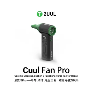 Turbo Fan for Repair featuring a compact black-and-green handheld turbo fan with digital battery display, USB-C charging, LED light, and three-speed airflow modes (P0, P1, P2). Designed for rapid cooling, dust cleaning, and quick drying during mobile phone and electronics repair. Images also show the optional vacuum attachment, multiple nozzle accessories, packaging, and demonstrations of cooling smartphone motherboards and cleaning internal components.