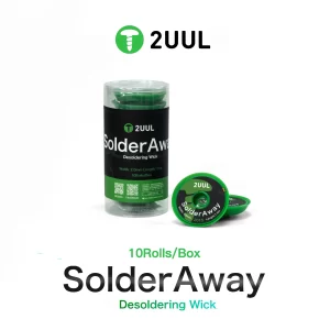 2UUL DW11 SolderAway Desoldering Wick 2015, 2.0mm x 1.5m copper desoldering braid, 10 rolls per box for mobile phone repair, PCB solder removal, BGA rework, microsoldering, and electronics repair.