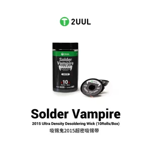 2UUL DW15 Solder Vampire Desoldering Wick 2015, ultra-density 2.0mm × 1.5m copper desoldering braid, 10 rolls per box for mobile phone repair, PCB solder removal, BGA rework, microsoldering, and electronics repair.