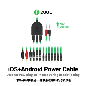2UUL PW02 iOS and Android Power Cable with interchangeable connectors for mobile phone motherboard power-on testing and repair diagnostics.