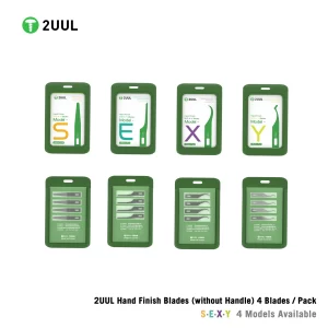 2UUL Hand Finish S.E.X.Y replacement blades without handle, 4-blade pack available in S, E, X, and Y models for PCB underfill cleaning, IC glue removal, CPU separation, and professional mobile phone motherboard repair.