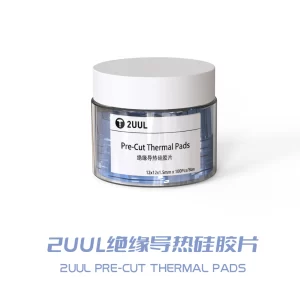 2UUL SC02 pre-cut thermal silicone pads, 12×12×1.5mm, 100 pieces per box for mobile motherboard repair, IC chip cooling, CPU heat dissipation, and electronic thermal management.