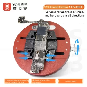 YCS H03 Max universal circular PCB fixture holding a mobile phone motherboard for chip-level repair and soldering